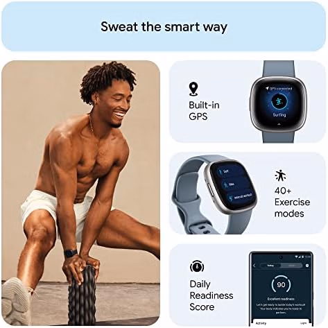 Fitbit Versa 4 Fitness Smartwatch Waterfall Blue/Platinum | Unit 4220 thumbnail 3