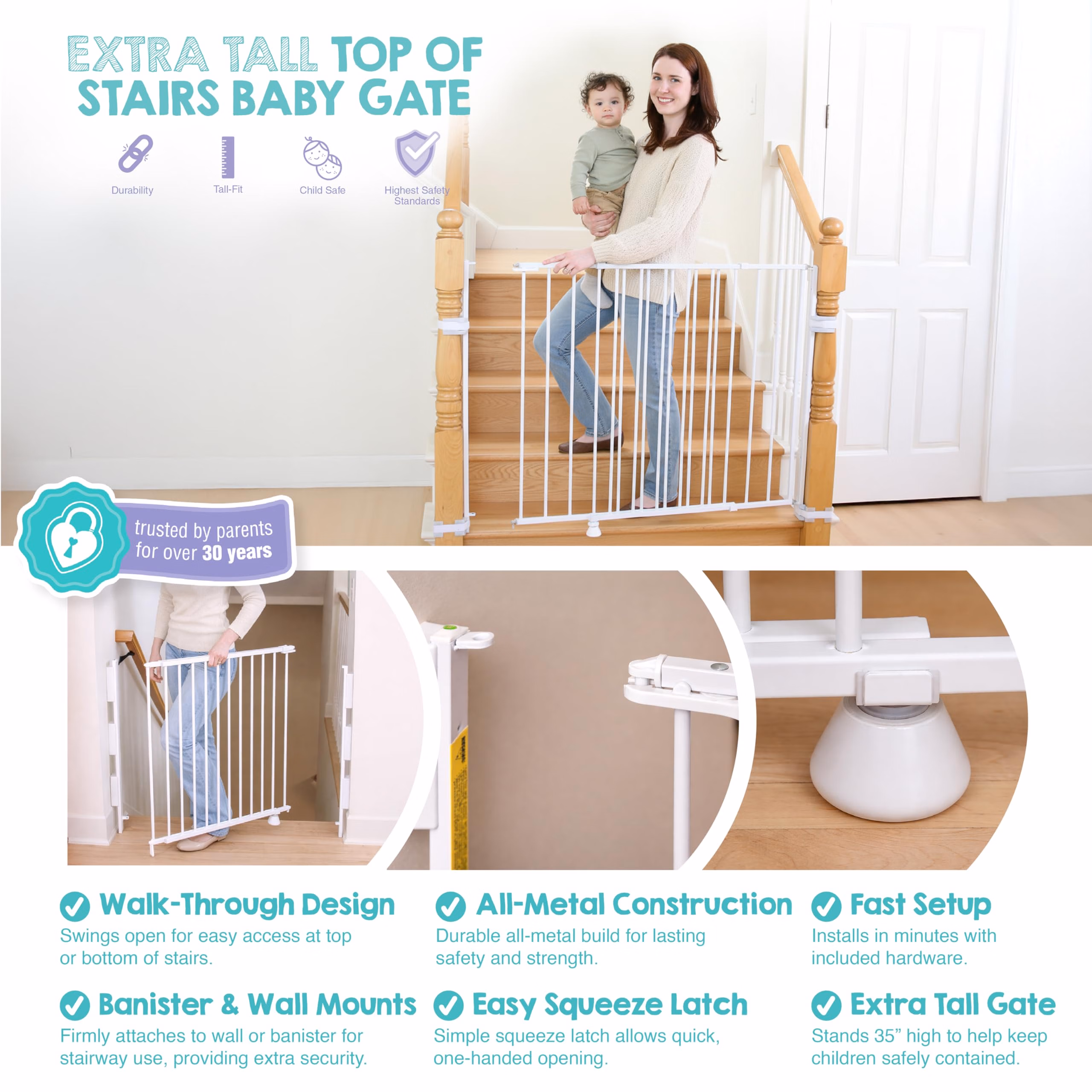 Regalo Safety 35" Extra Tall Baby Gate for Stairs Pets 1235 DS White thumbnail 4