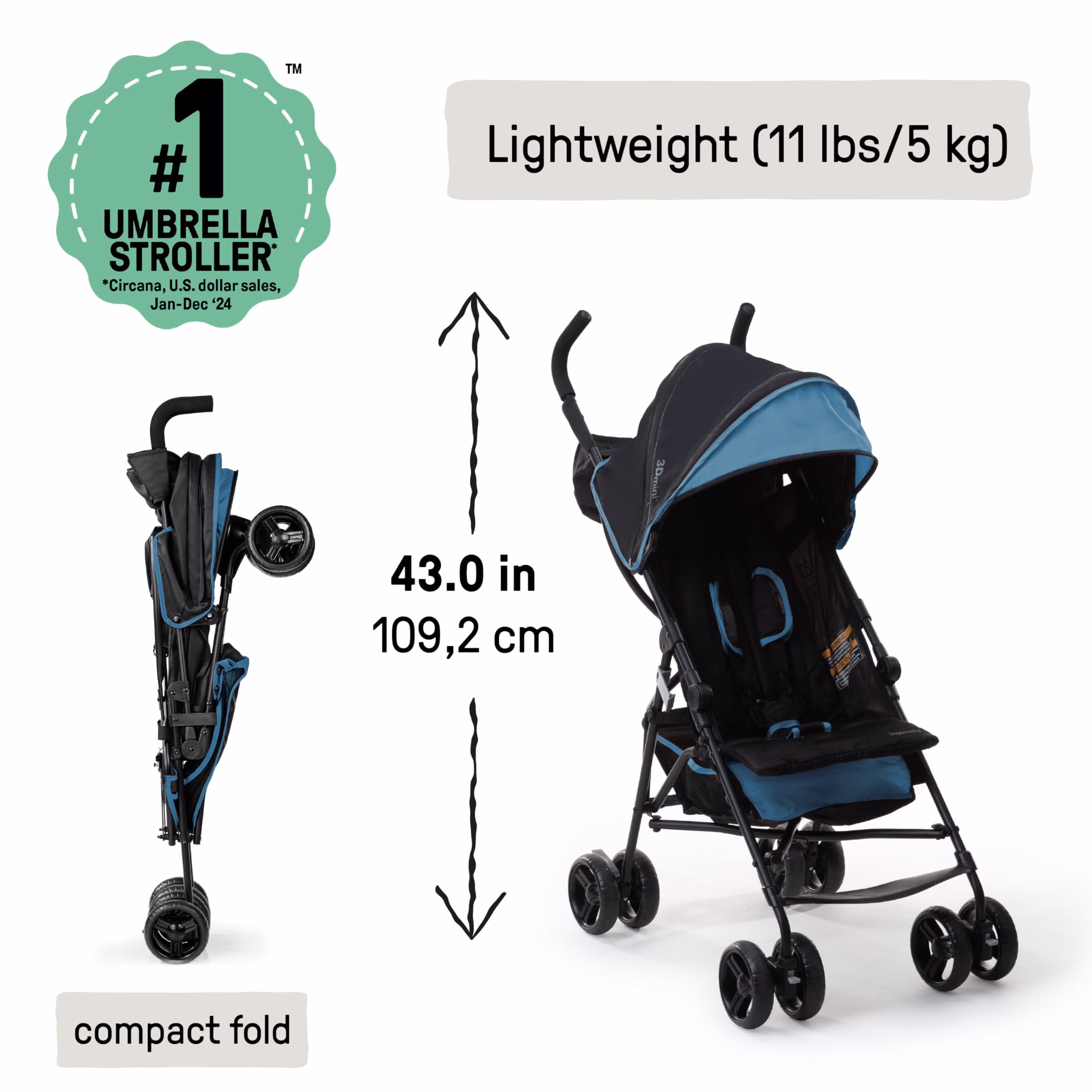 Ingenuity 3D Mini Convenience Stroller Multi-Position Recline 32643 Blue/Black thumbnail 6