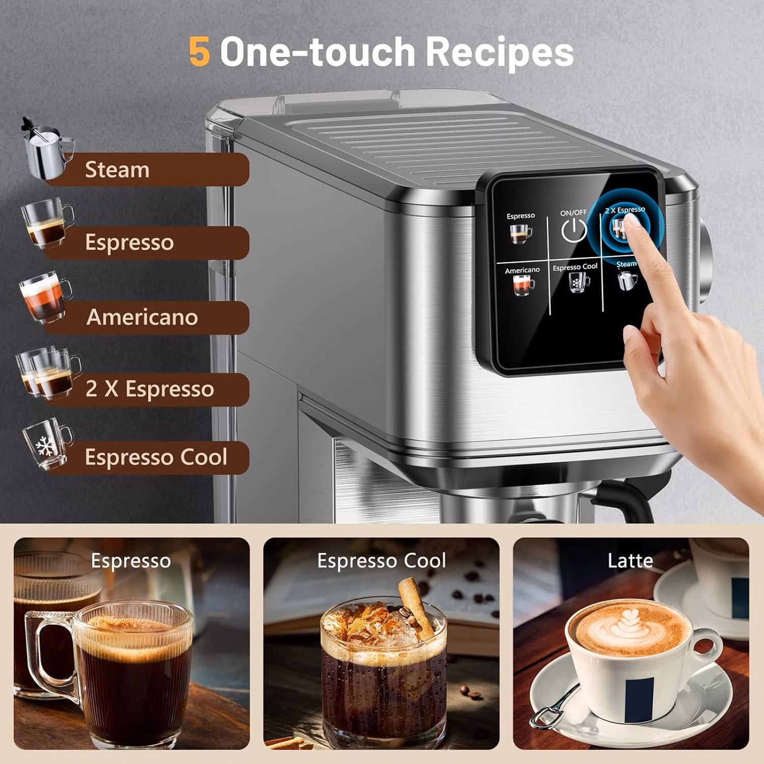 Espresso Machine, 20 Bar Professional Espresso Coffee Maker with Milk Frother Steam Wand, Hot & Iced Coffee Machine, Compact Stainless Steel Coffee Machine for Cappuccino,Latte,Cold Brew thumbnail 5