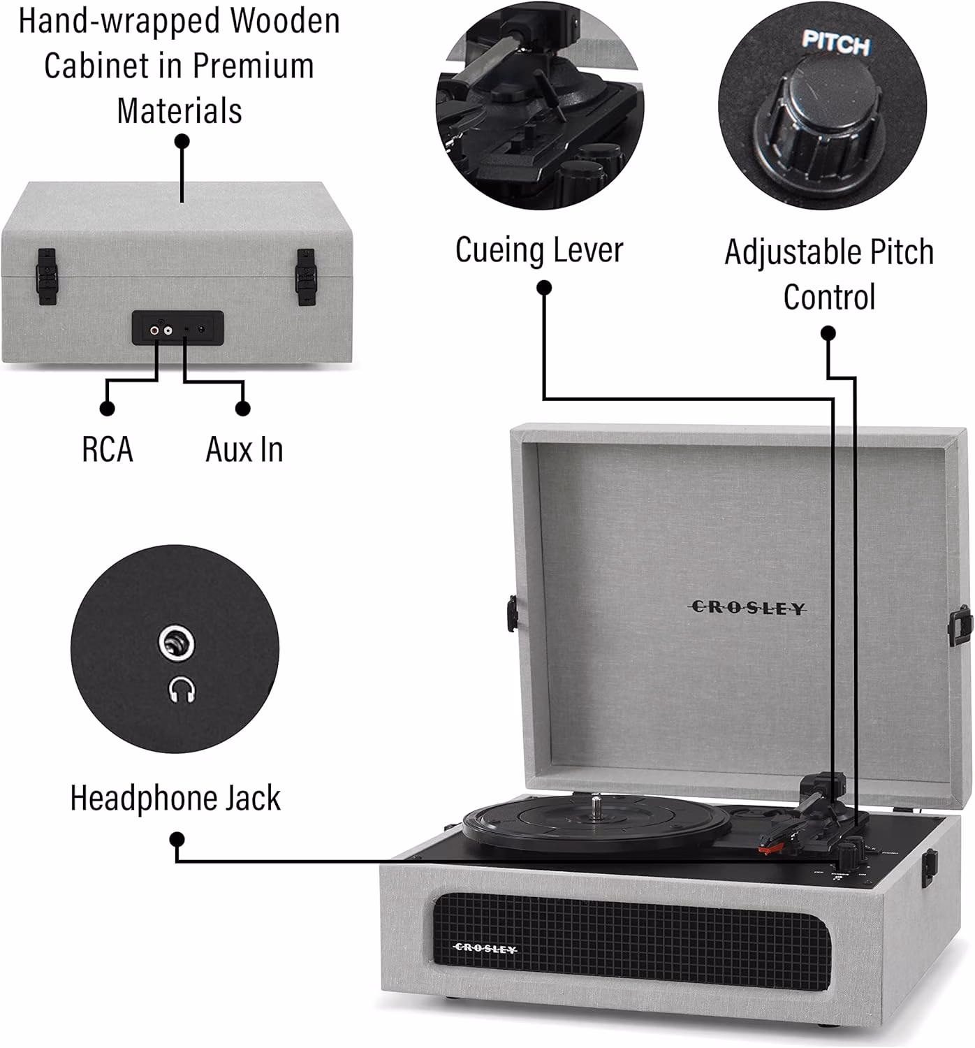 Crosley CR8017B-GY Voyager Vintage Portable Vinyl Record Player Gray thumbnail 6