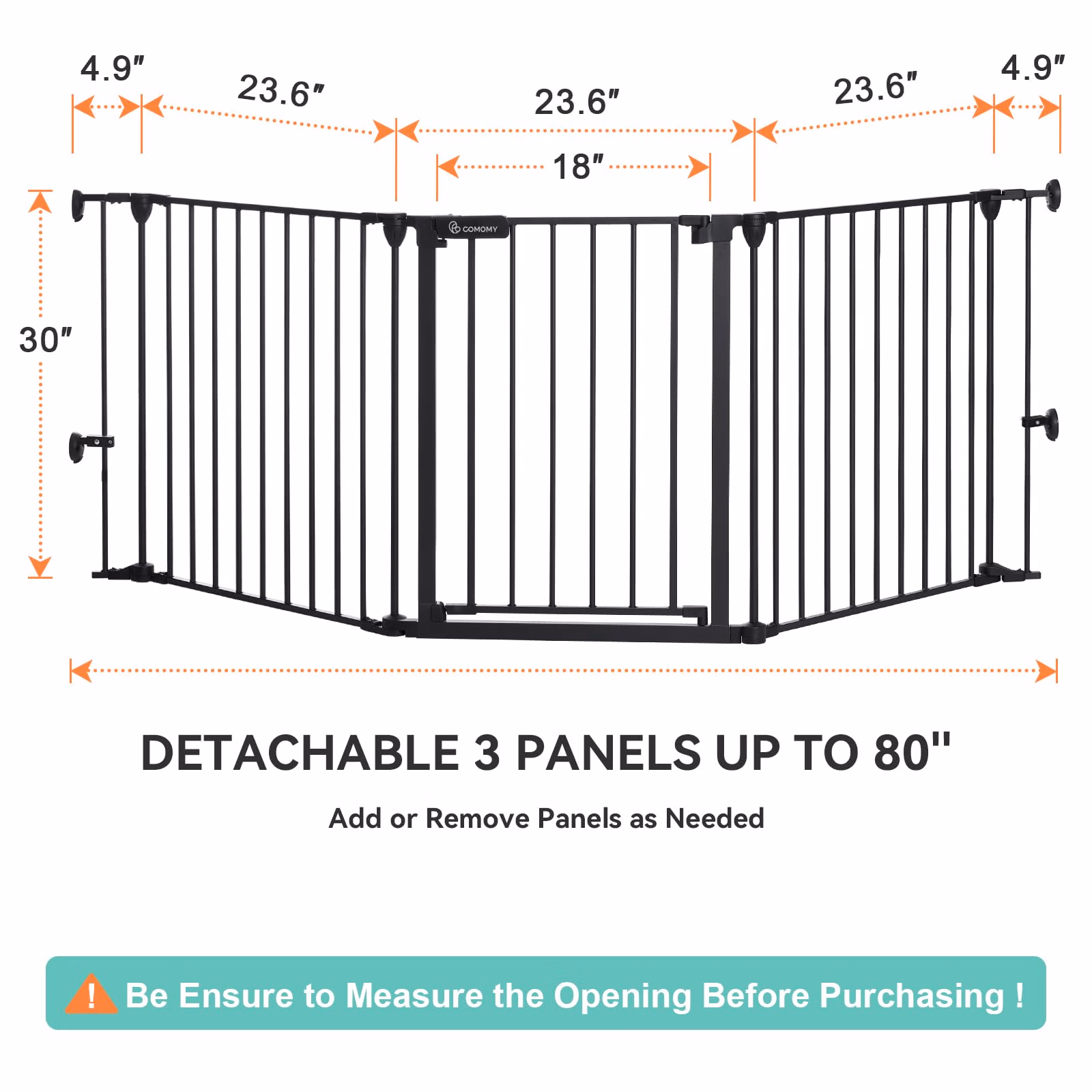 COMOMY 80" Extra Wide Baby Gate 3 Metal Panels 30" Tall, Black YG-18-03B thumbnail 3