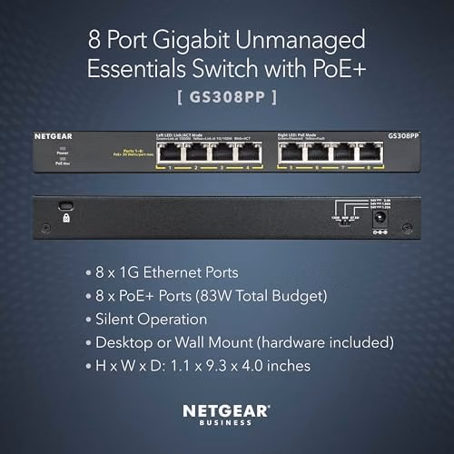 NETGEAR 8-Port PoE+ Gigabit Ethernet Unmanaged Essentials GS308PP-100NAS thumbnail 4