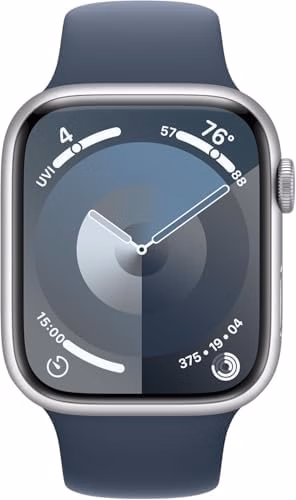 Apple Watch Series 9 [GPS 45mm] Silver Aluminum Case with Storm Blue Sport Band S/M (Amazon Renewed Premium) thumbnail 2