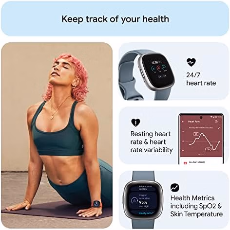 Fitbit Versa 4 Fitness Smartwatch Waterfall Blue/Platinum | Unit 4220 thumbnail 4