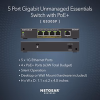 NETGEAR 5-Port PoE Gigabit Ethernet Unmanaged Essentials Switch (GS305P) - with 4 x PoE+ @ 63W, Desktop or Wall Mount thumbnail 2