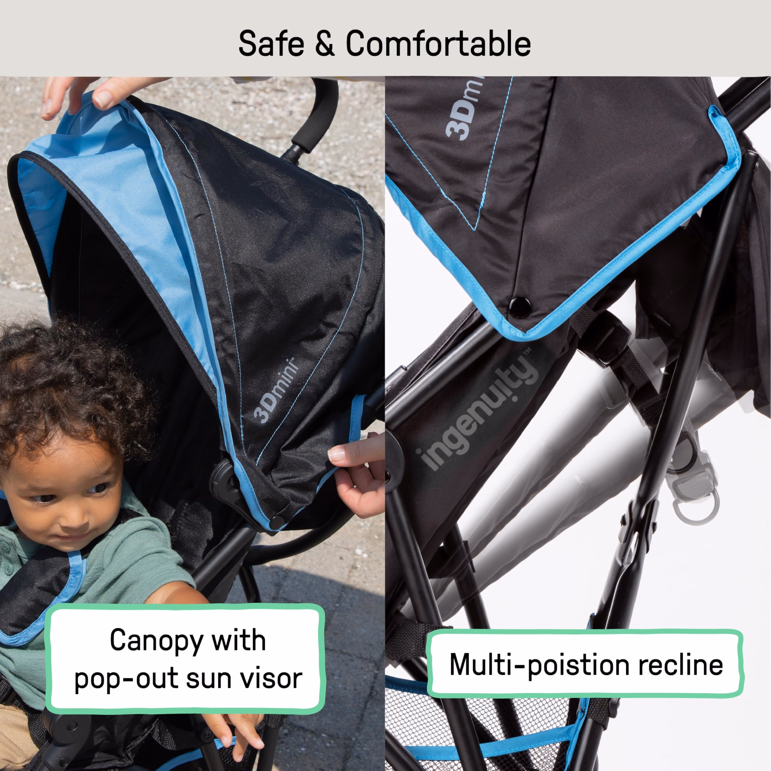Ingenuity 3D Mini Convenience Stroller – Lightweight Stroller with Compact Fold, Multi-Position Recline, Canopy with Pop Out Sun Visor – Umbrella Stroller for Travel & More, Blue/Black thumbnail 4