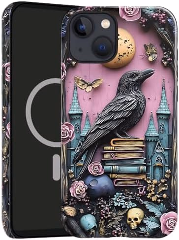 Case Compatible with iPhone 15,Compatible with MagSafe,Glossy Fall Prevention Hybrid 2-Layer Hard Shell Cases for Girls Boys,Skull Bookshelf Floral Butterfly - View 1 of 6