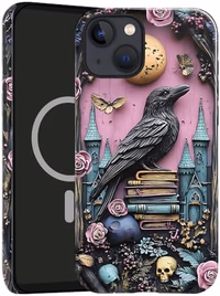 Case Compatible with iPhone 15,Compatible with MagSafe,Glossy Fall Prevention Hybrid 2-Layer Hard Shell Cases for Girls Boys,Skull Bookshelf Floral Butterfly thumbnail 1