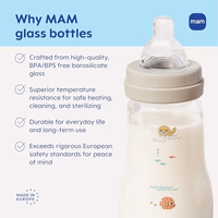 MAM 6oz Premium Glass Wide Neck Baby Bottle with Slow Flow Breastfeeding-Like Silicone Nipple, Easy to Clean,BPA Free, 0+ Months, Easy Switch Between Breast and Bottle, Made in Europe, 3 Pack Boy thumbnail 4