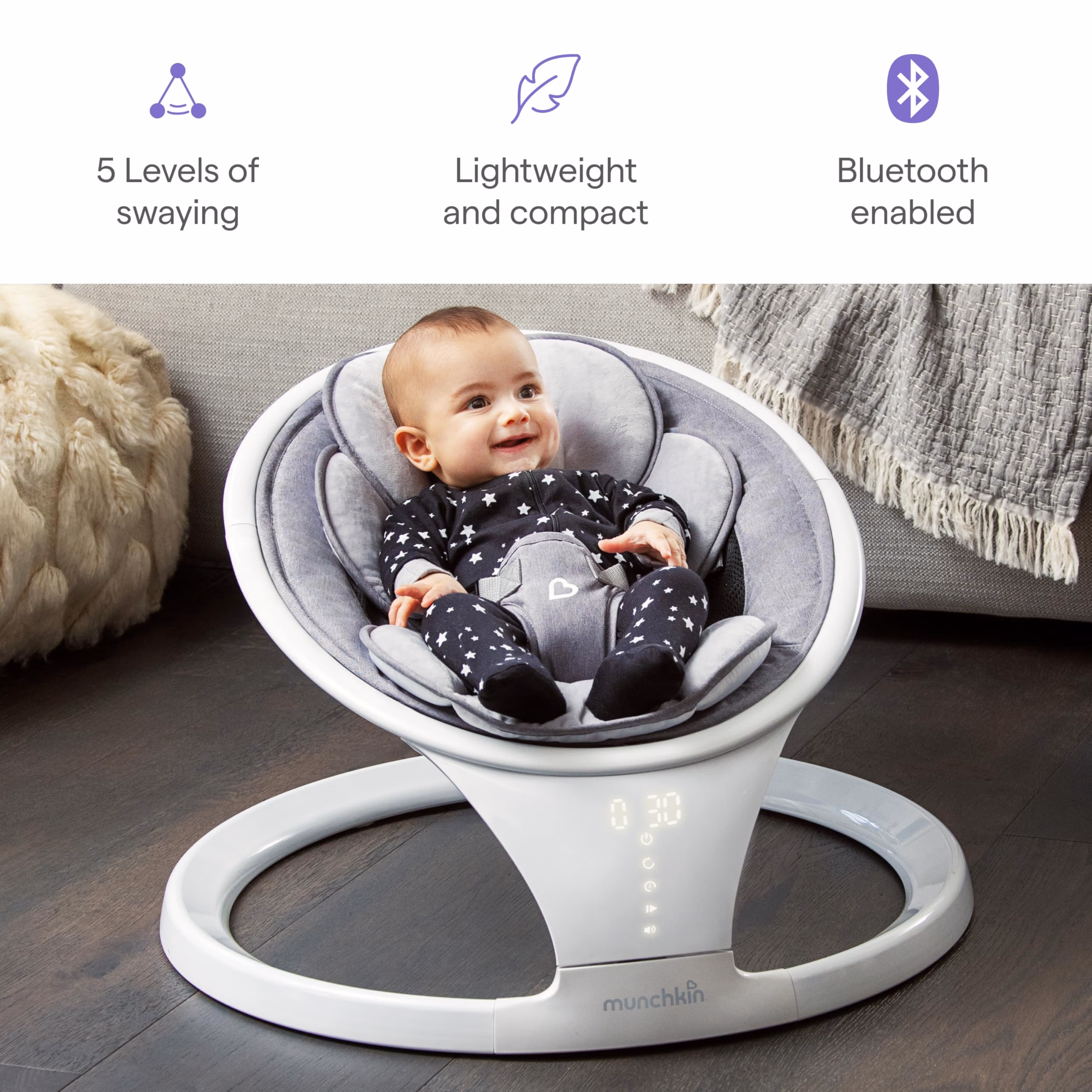 Munchkin Electric Baby Swing, Portable and Lightweight, Bluetooth Enabled Infant Rocker with Natural Sway in 5 Ranges of Motion, Newborn Nursery Essentials, White/Grey thumbnail 5