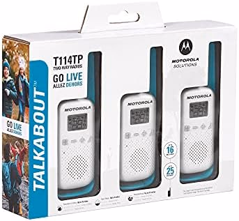 Motorola Solutions, Portable FRS, T114TP, Talkabout, Two-Way Radios, Battery Operated, 22 Channel, 16 Mile, White/Blue, 3 Pack