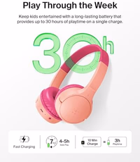 Belkin SoundForm Mini w/Case - Wireless Bluetooth Kids Headphones with 30H Battery Life, 85dB Safe Volume Limit, Built-in Microphone - Kids On-Ear Earphones for iPhone, iPad, & More - Pink thumbnail 3