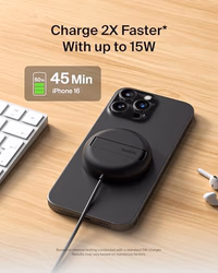 Belkin Magnetic Wireless Charging Pad Qi2 15W w/Kickstand - MagSafe-Compatible Qi2-Certified Wireless Charger for iPhone 17, Samsung Galaxy S25, AirPods, & More w/Power Supply Included - Black thumbnail 3