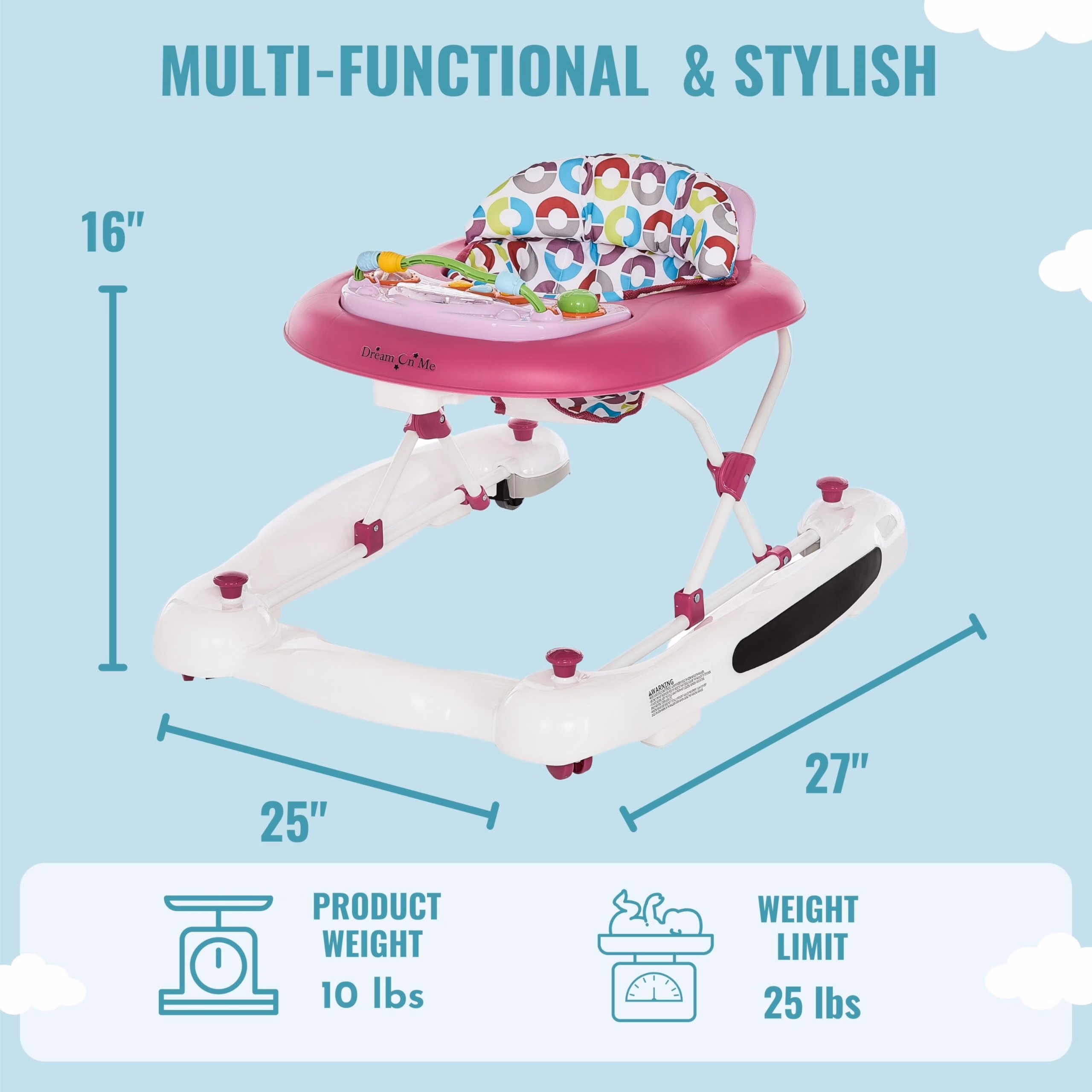 Dream On Me Go-Getter Baby Walker and Walk Behind Walker, Adjustable Seat Height, Comfortable Padded Seat, Easy to Fold, Pack and Store, Detachable Fun Tray, Pink thumbnail 4