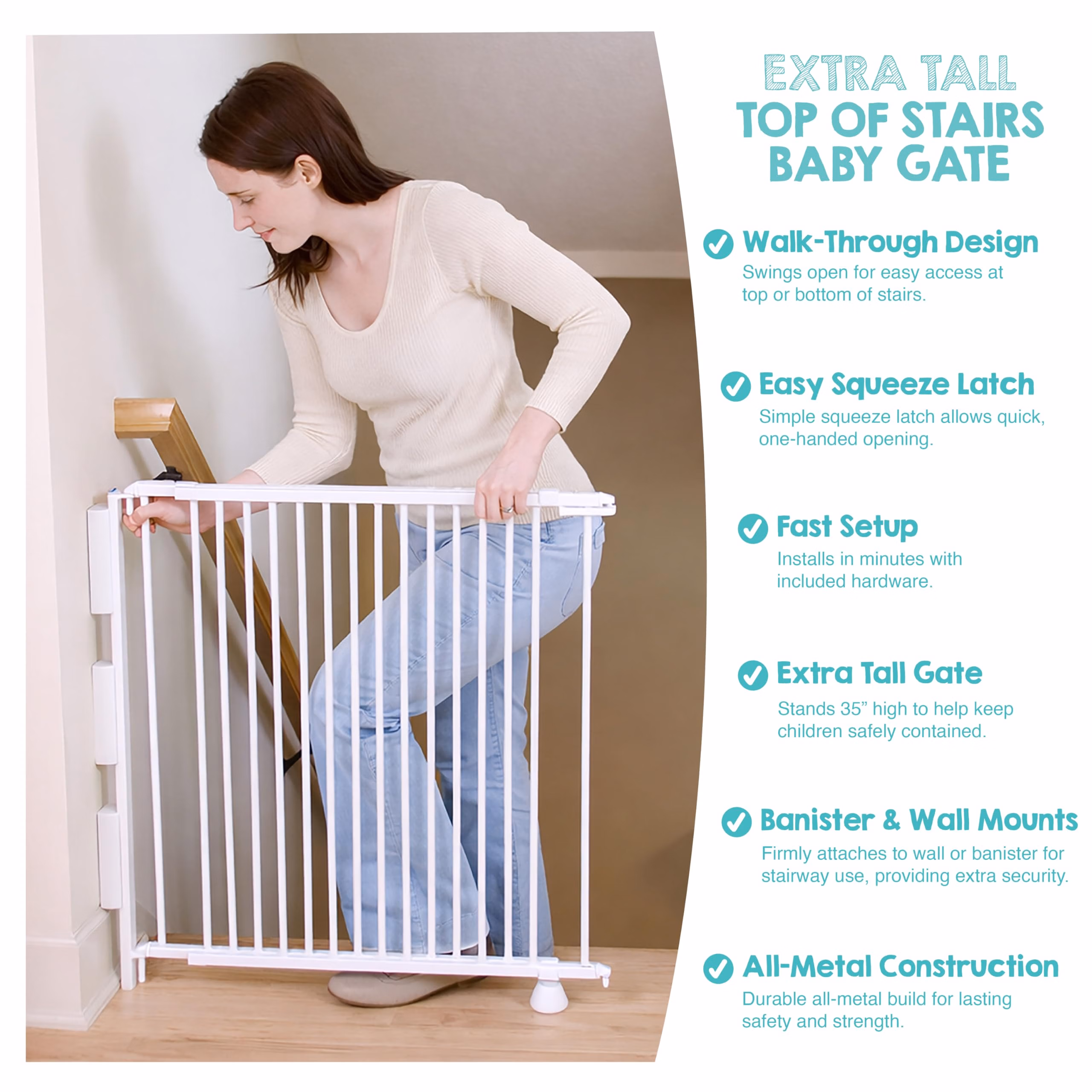 Regalo Safety 35" Extra Tall Baby Gate for Stairs, Wall Mounted 2-in-1 Wide Stair Gate for Babies, Toddlers, & Pets, Includes Banister and Wall Mounting Kit, White thumbnail 4