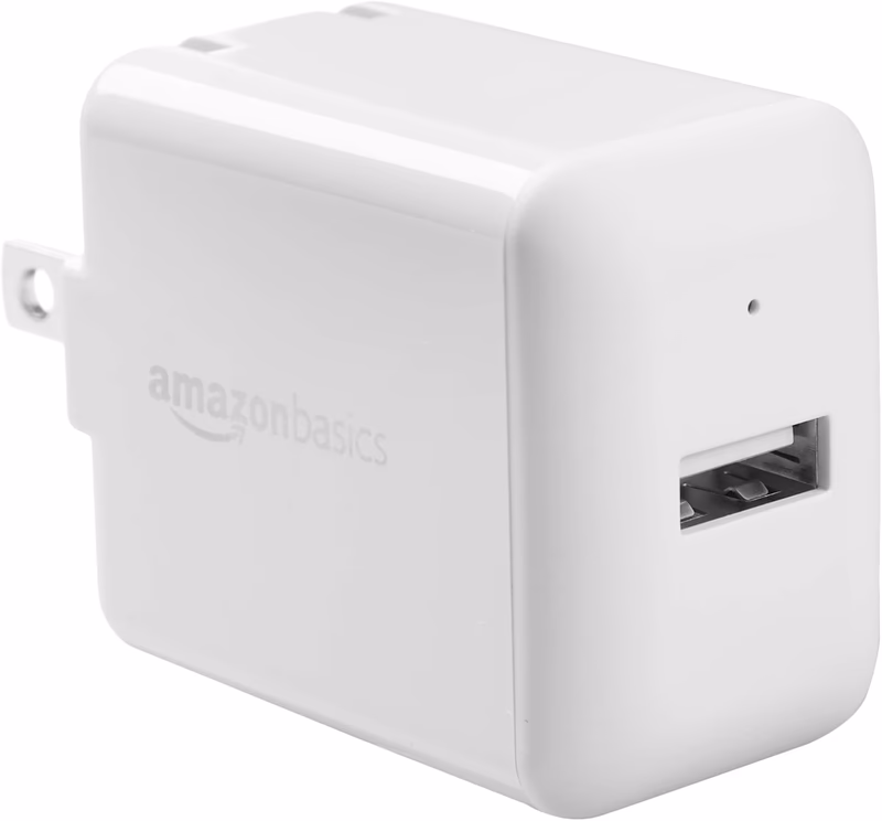 Amazon Basics 12W One-Port USB-A Wall Charger (2.4A) for Phones (iPhone 15/14/13/12/11/X, Samsung, and more), non-PPS, White