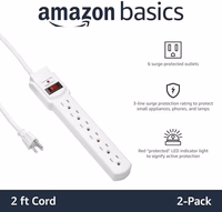 Amazon Basics Surge Protector Power Strip, 6-Outlet with 200J Protection, Circuit Breaker, LED Indicator, On/Off Switch, Wall-Mounting, 2ft Extension Cord, White, 2-Pack thumbnail 2