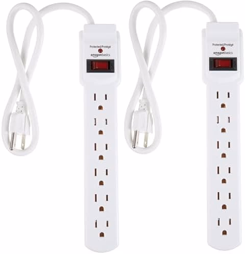 Amazon Basics Surge Protector Power Strip, 6-Outlet with 200J Protection, Circuit Breaker, LED Indicator, On/Off Switch, Wall-Mounting, 2ft Extension Cord, White, 2-Pack