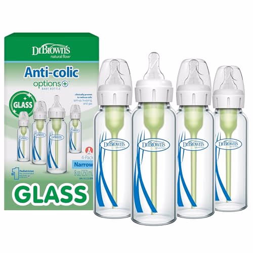 Dr. Brown's Anti-Colic Options+ Narrow Glass Baby Bottle with Level 1 Slow Flow Nipple, BPA-Free, 8 oz/250 mL, 0m+, 4-Pack (Packaging May Vary)