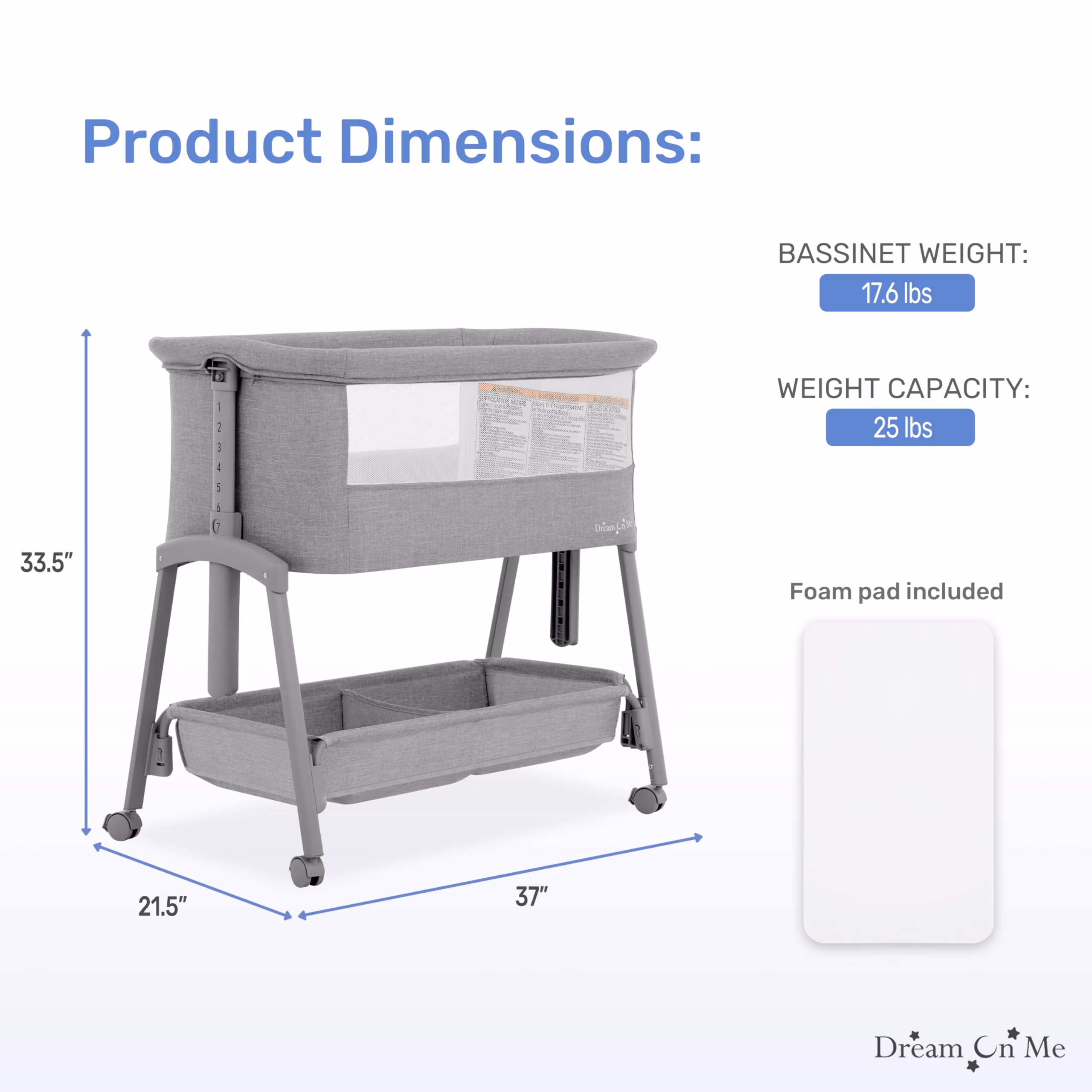 Dream On Me Calypso Portable Bassinet with Wheels, Adjustable Height Bedside Sleeper, Foldable Baby Bassinet with Breathable Mesh Sides, Foam Mattress, Easy Mobility & Travel-Friendly Design - Grey thumbnail 2