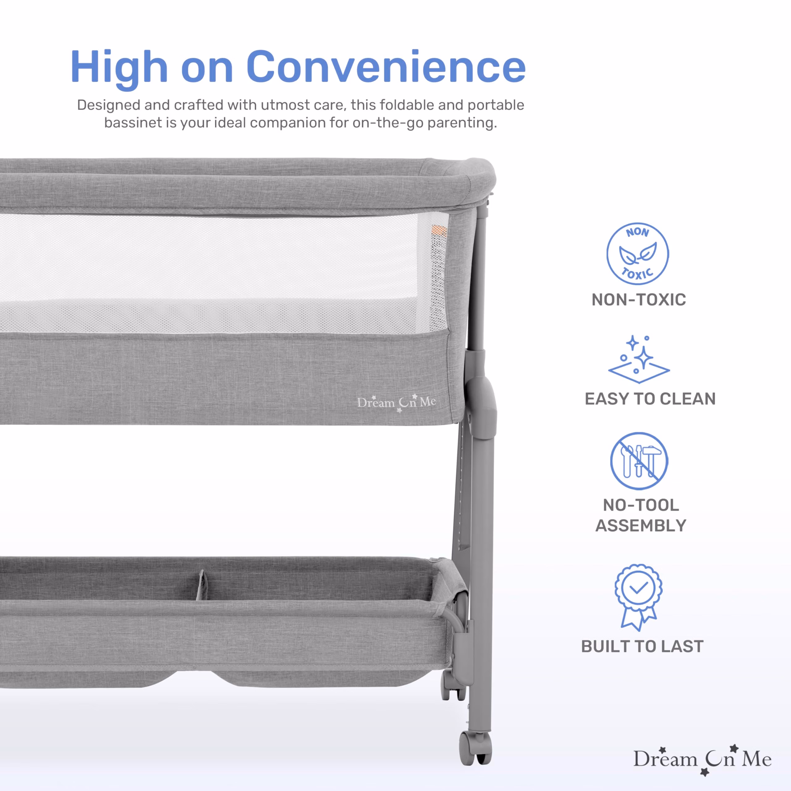 Dream On Me Calypso Portable Bassinet with Wheels, Adjustable Height Bedside Sleeper, Foldable Baby Bassinet with Breathable Mesh Sides, Foam Mattress, Easy Mobility & Travel-Friendly Design - Grey thumbnail 4
