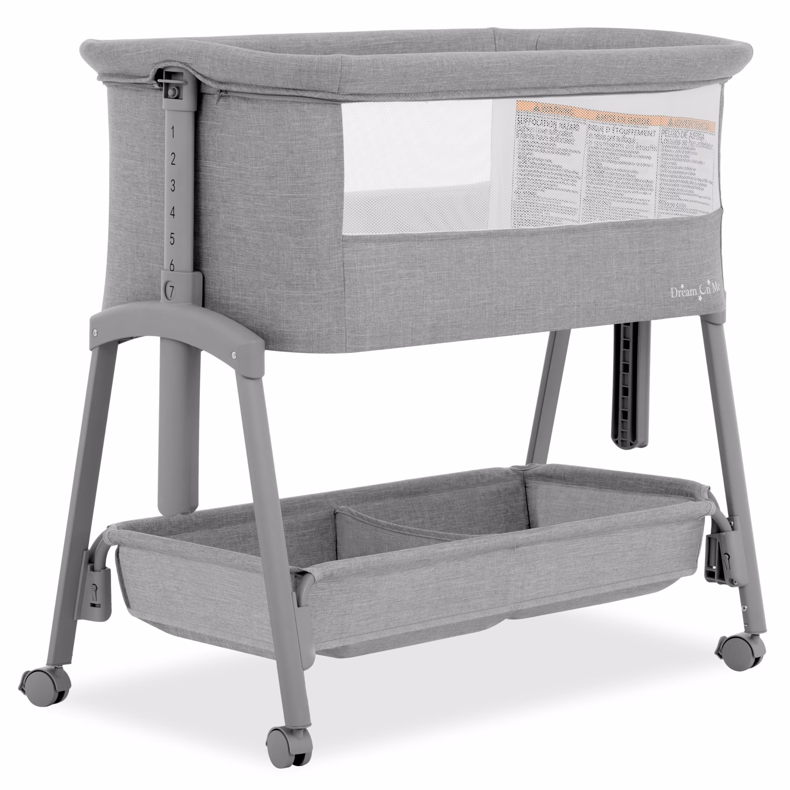 Dream On Me Calypso Portable Bassinet with Wheels, Adjustable Height Bedside Sleeper, Foldable Baby Bassinet with Breathable Mesh Sides, Foam Mattress, Easy Mobility & Travel-Friendly Design - Grey thumbnail 1