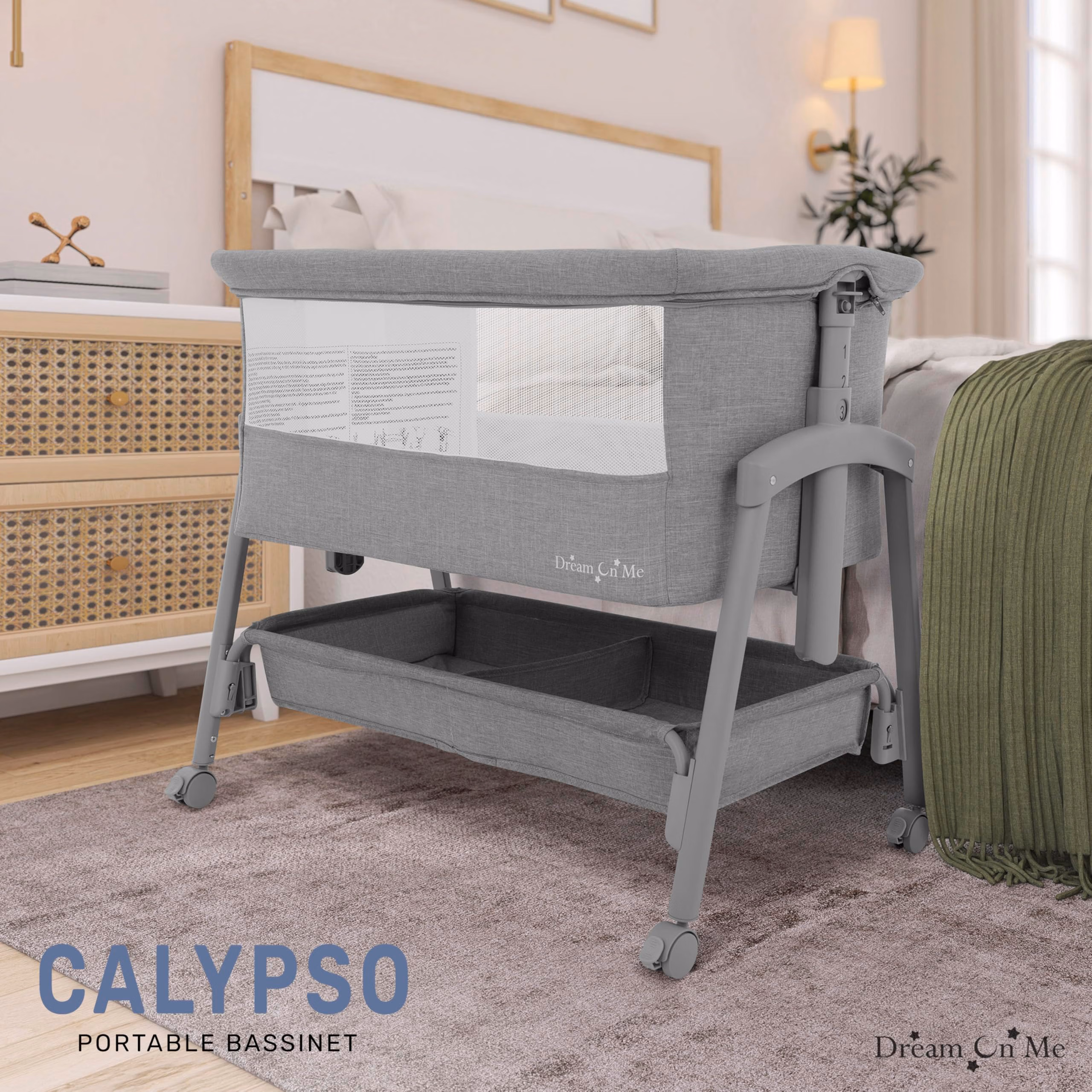 Dream On Me Calypso Portable Bassinet with Wheels, Adjustable Height Bedside Sleeper, Foldable Baby Bassinet with Breathable Mesh Sides, Foam Mattress, Easy Mobility & Travel-Friendly Design - Grey thumbnail 3