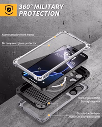 Lanhiem for iPhone 16 Pro Metal Case with Camera Cover & Stand [Compatible with MagSafe] [Built-in Kickstand] [Military-Grade Protection] Heavy Duty Rugged Magnetic Phone Case, Silver thumbnail 5