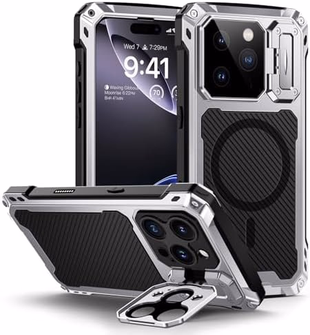 Lanhiem for iPhone 16 Pro Metal Case with Camera Cover & Stand [Compatible with MagSafe] [Built-in Kickstand] [Military-Grade Protection] Heavy Duty Rugged Magnetic Phone Case, Silver