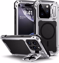 Lanhiem for iPhone 16 Pro Metal Case with Camera Cover & Stand [Compatible with MagSafe] [Built-in Kickstand] [Military-Grade Protection] Heavy Duty Rugged Magnetic Phone Case, Silver thumbnail 1