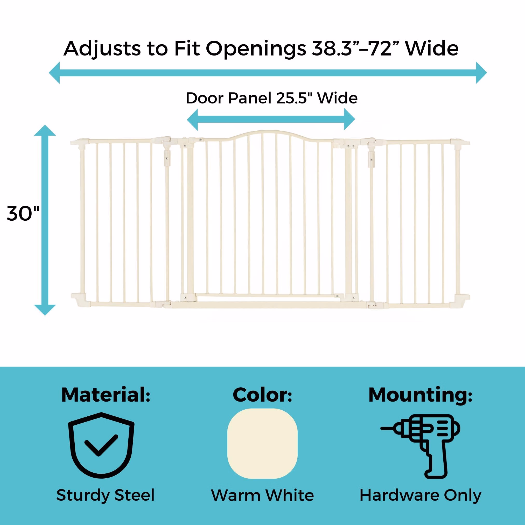 Toddleroo by North States - Deluxe Décor Safety Gate: Hardware Mounted Extra Wide Metal Baby Gate - Adjustable Child Gate - 38.3 to 72 Inches Wide - 30 Inches Tall - Warm White thumbnail 3
