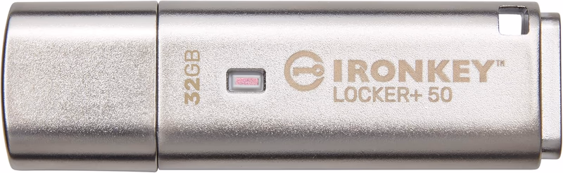 Kingston Ironkey Locker+ 50 32GB Encrypted USB Flash Drive | USB 3.2 Gen 1 | XTS-AES Protection | Multi-Password Security Options | Automatic Cloud Backup | Metal Casing | IKLP50/32GB,Silver