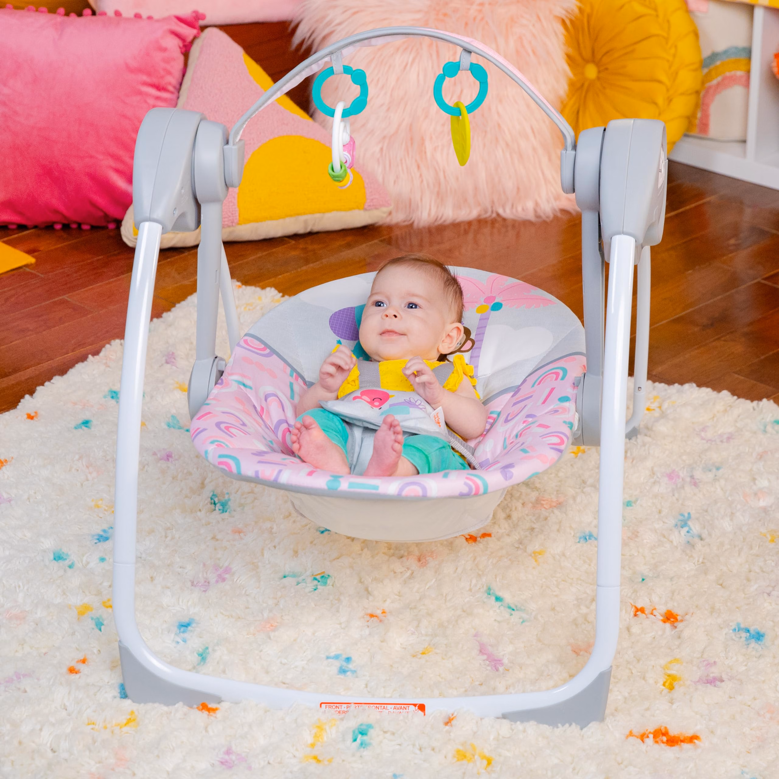 Bright Starts Pink Paradise Portable Compact Automatic Baby Swing with Music, Unisex, Newborn + thumbnail 2