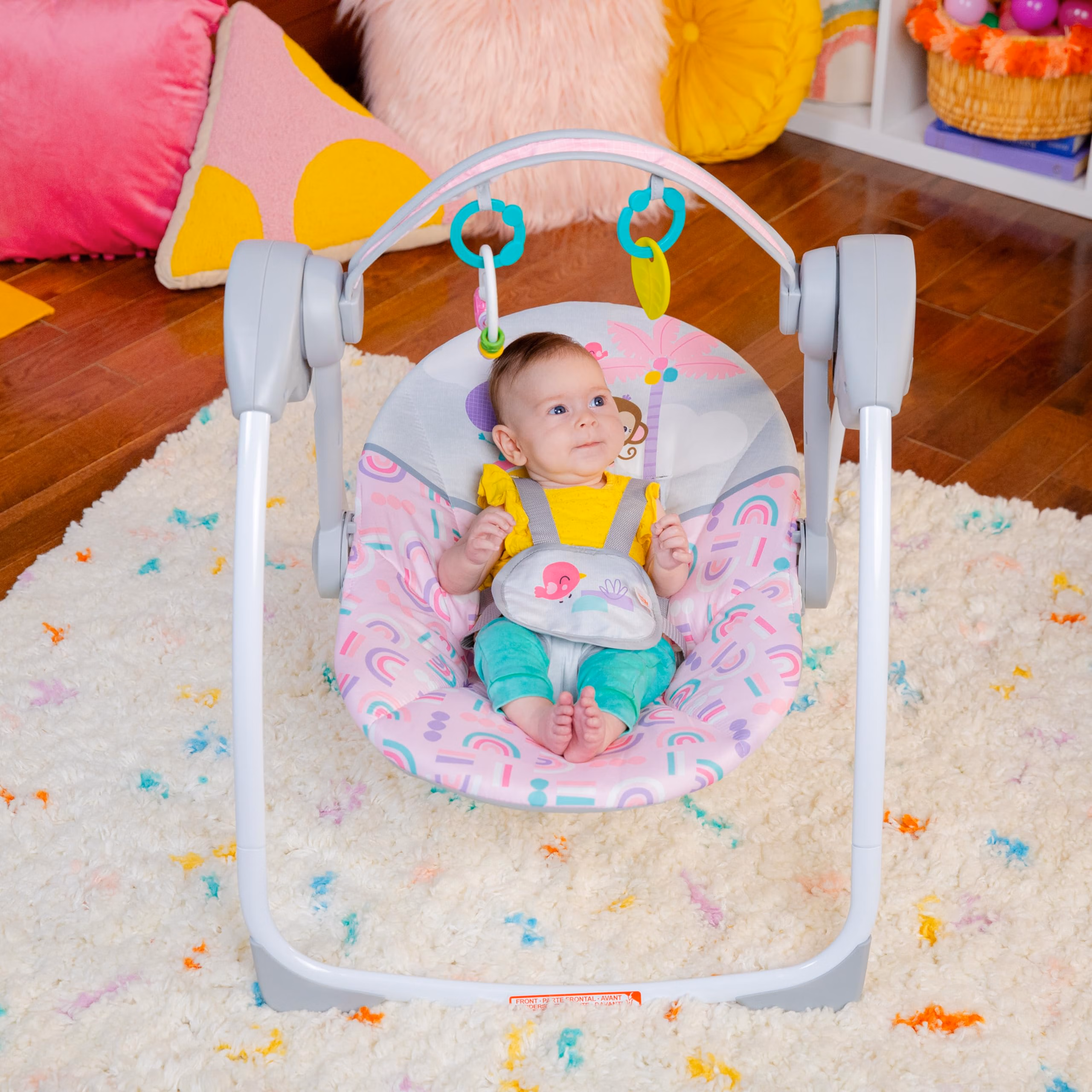 Bright Starts Pink Paradise Portable Compact Automatic Baby Swing with Music, Unisex, Newborn + thumbnail 4