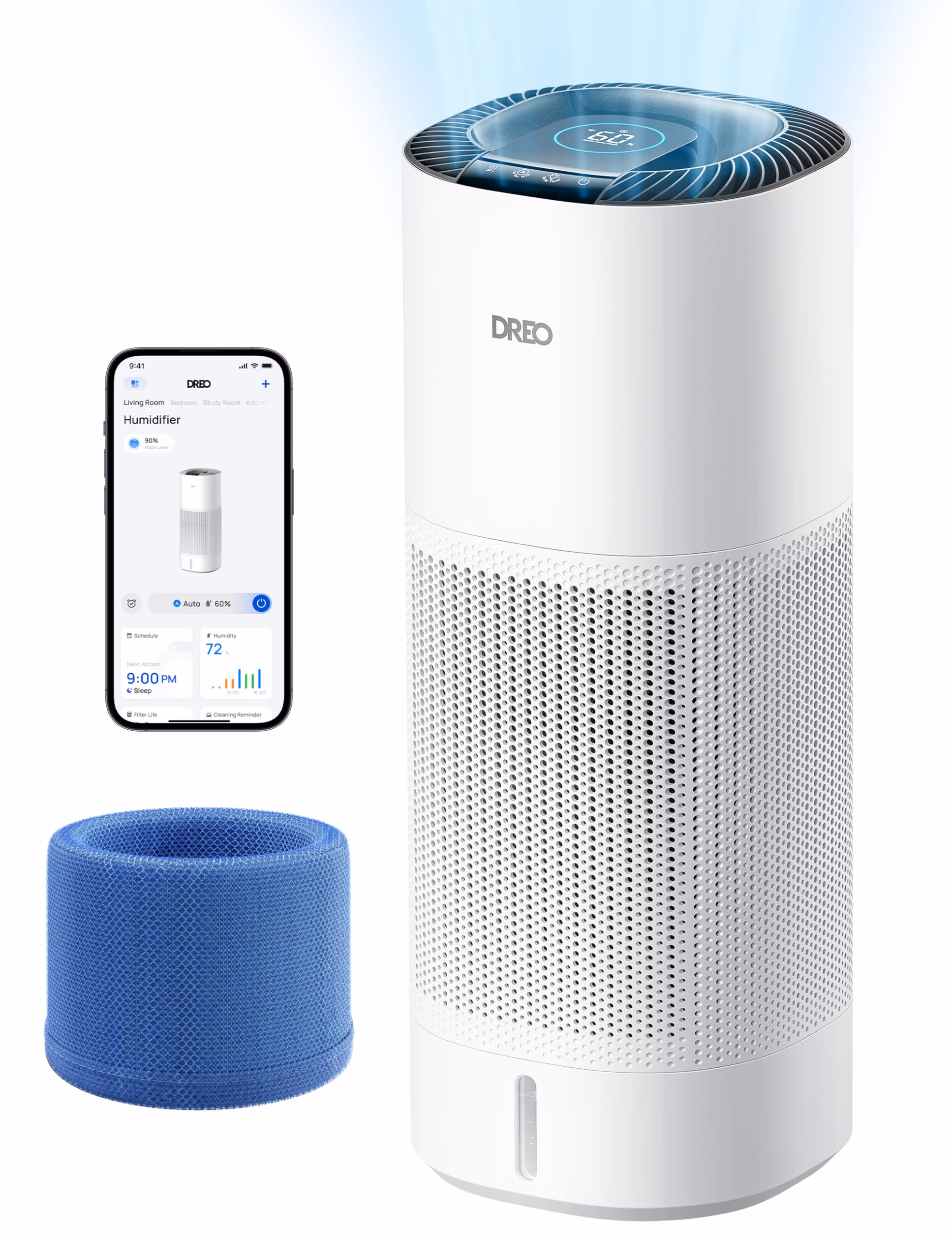 DREO Smart Evaporative Humidifier Large Room up to 1000ft², 800ml/h High Output Air Humidifiers for Bedroom, 10L, 50H Long Runtime with Precise Humidification for Plants, Home, Office, White, HHM774S - View 1 of 5