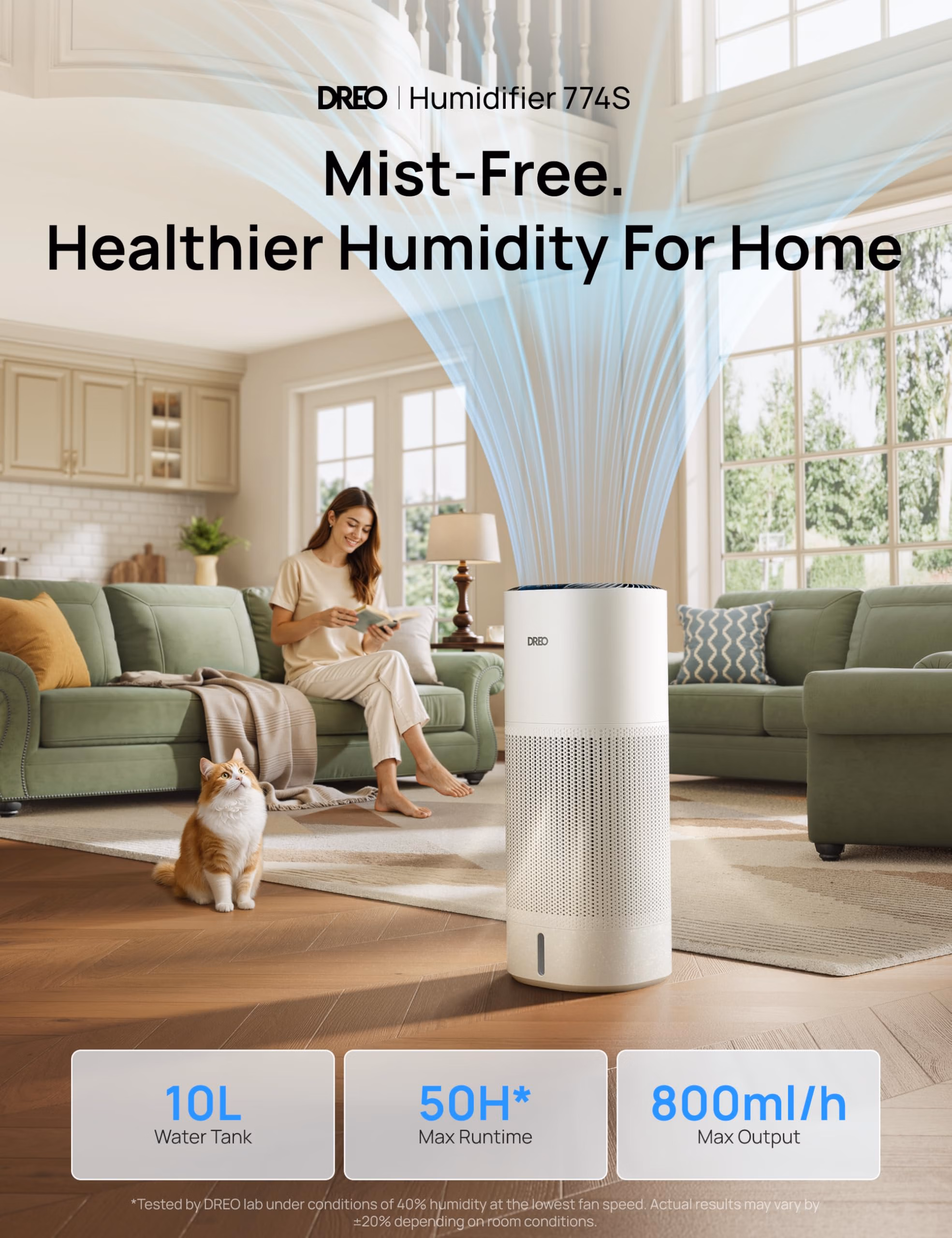 DREO Smart Evaporative Humidifier Large Room up to 1000ft², 800ml/h High Output Air Humidifiers for Bedroom, 10L, 50H Long Runtime with Precise Humidification for Plants, Home, Office, White, HHM774S thumbnail 3