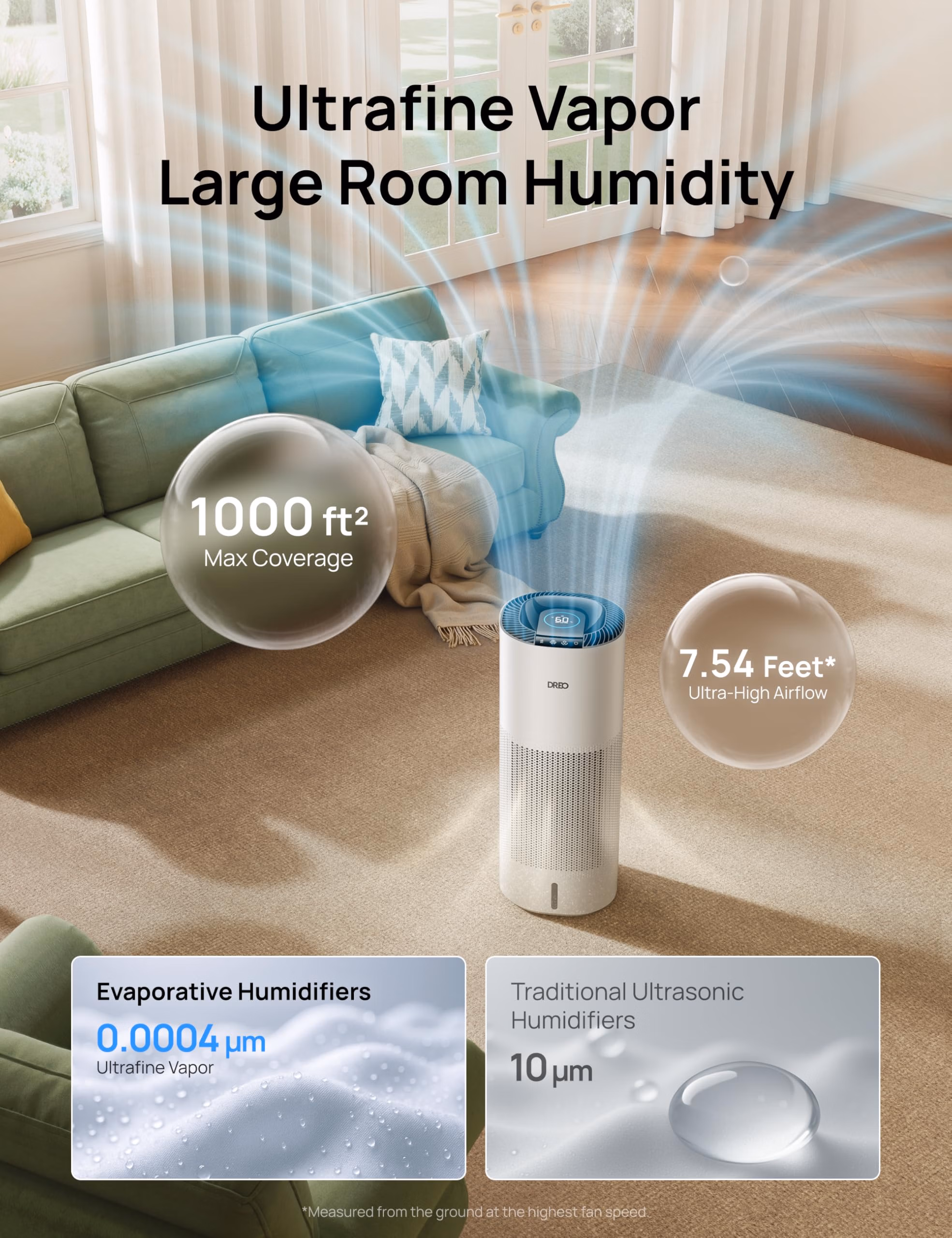 DREO Smart Evaporative Humidifier Large Room up to 1000ft², 800ml/h High Output Air Humidifiers for Bedroom, 10L, 50H Long Runtime with Precise Humidification for Plants, Home, Office, White, HHM774S thumbnail 4