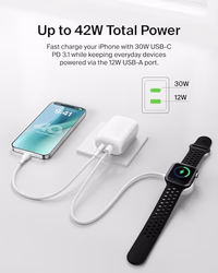Belkin 42W Dual Port Charger Block, USB-C + USB-A Charger Super Fast Charging - Samsung Galaxy S25, Apple iPhone 17, Air, Pro, Pro Max, iPad, AirPods, Apple Watch, Nintendo Switch 2 & More - White thumbnail 3