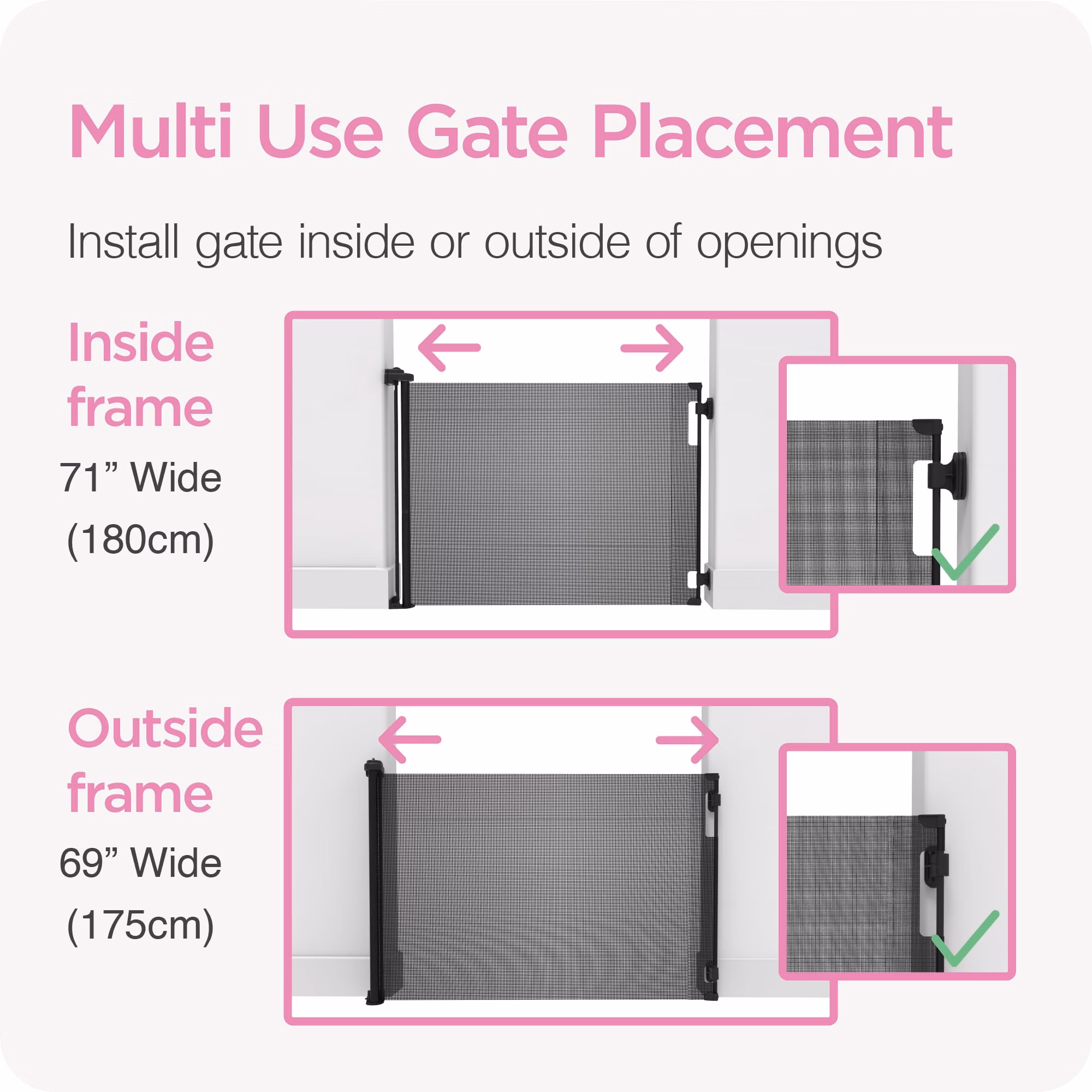 Retractable Baby Gate Perma Child Safety 33" Tall x 71” Wide, Mesh, for Stairs, Doorways, Dogs, Pets, Indoor, Outdoor, One-Handed Operation, Locking, Easy Install, Hardware Mount, Gray thumbnail 3