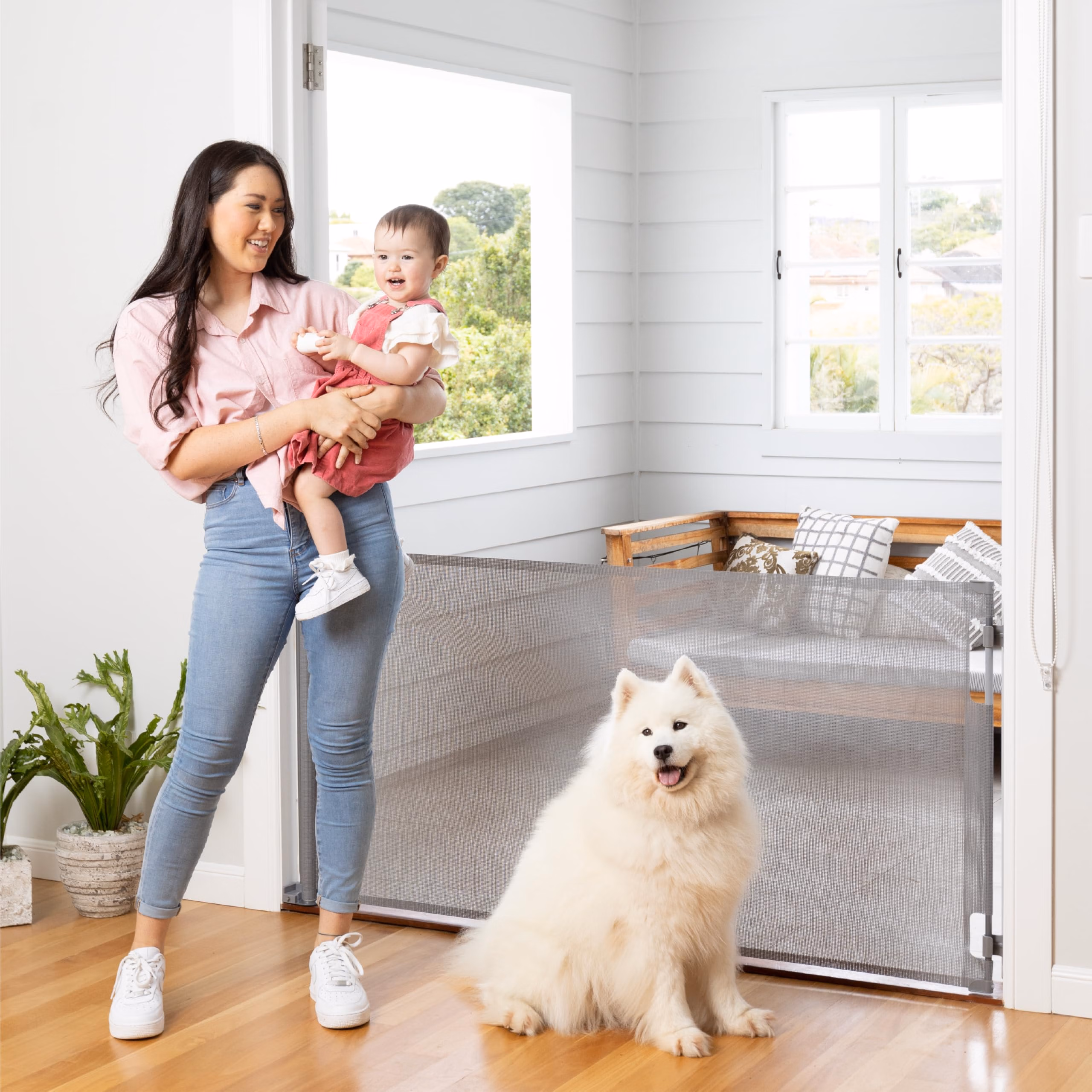 Retractable Baby Gate Perma Child Safety 33" Tall x 71” Wide, Mesh, for Stairs, Doorways, Dogs, Pets, Indoor, Outdoor, One-Handed Operation, Locking, Easy Install, Hardware Mount, Gray thumbnail 1