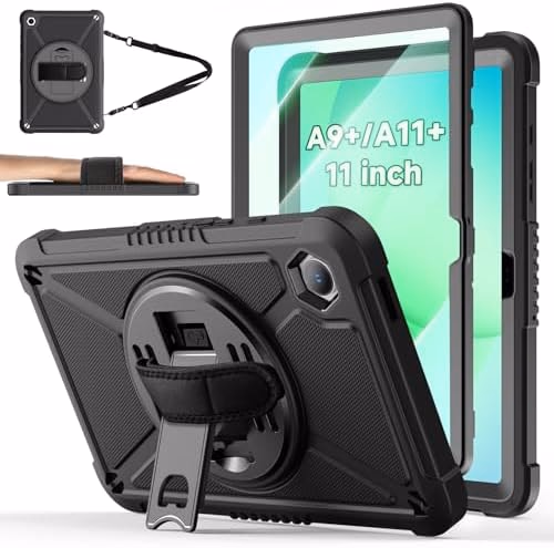 ZtotopCases for Samsung Galaxy Tab A11+ Plus/A9+ 11-Inch 2025/2023, Shockproof Hard Duty Case with Screen Protector+360 Rotating Hand Strap&Stand+Shoulder Strap for Tab A11+/A9 Plus Tablet, Black