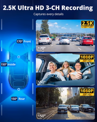Dash Cam Front and Rear Inside, 3-Channel 2.5K FHD Dash Camera for Cars with 2 Screen thumbnail 5