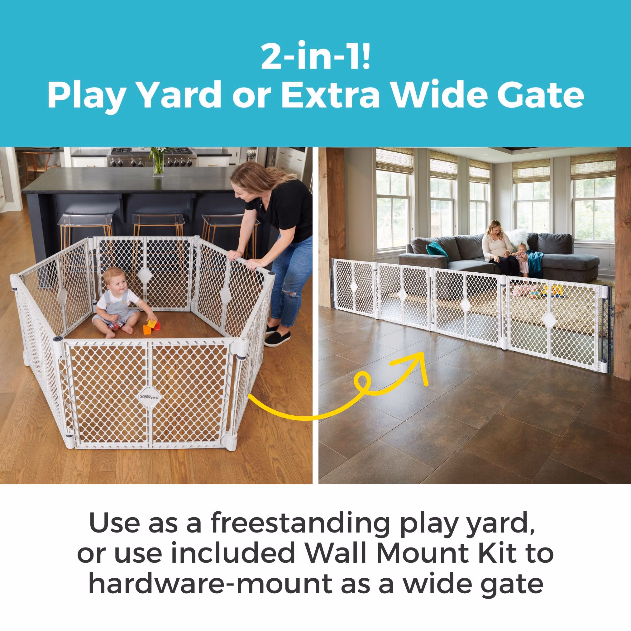 Toddleroo by North States - Superyard Duo Extra Wide Baby Gate & Play Yard: 6 Panel Baby Playpen - Included Wall Mount Kit - Made in USA - 38.5 to 201 Inches Wide - 26 Inches Tall - Light Gray thumbnail 3