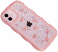 Qokey for iPhone 12 Mini Case 5.4" Curly Wave Edge Design Transparent Bling Glitter Star Shiny Cute Clear Full Protection Soft TPU Shockproof Phone Cover for Women Girls,Holographic Pink Bow thumbnail 5