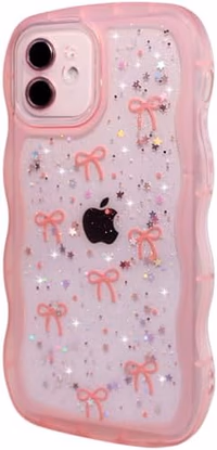 Qokey for iPhone 12 Mini Case 5.4" Curly Wave Edge Design Transparent Bling Glitter Star Shiny Cute Clear Full Protection Soft TPU Shockproof Phone Cover for Women Girls,Holographic Pink Bow thumbnail 4