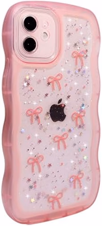Qokey for iPhone 12 Mini Case 5.4" Curly Wave Edge Design Transparent Bling Glitter Star Shiny Cute Clear Full Protection Soft TPU Shockproof Phone Cover for Women Girls,Holographic Pink Bow thumbnail 3