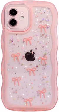 Qokey for iPhone 12 Mini Case 5.4" Curly Wave Edge Design Transparent Bling Glitter Star Shiny Cute Clear Full Protection Soft TPU Shockproof Phone Cover for Women Girls,Holographic Pink Bow thumbnail 1