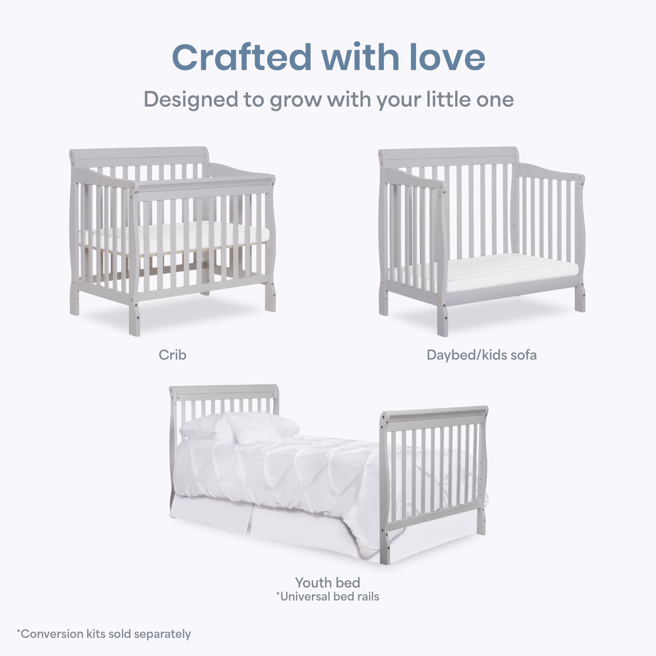 Dream On Me Aden 4-in-1 Convertible Mini Baby Crib, GREENGUARD Gold & BSA Certified, Sustainable Pinewood, Non-Toxic Finish, 3 Mattress Heights, Converts to Mini Day & Twin-Size Bed - Grey thumbnail 4