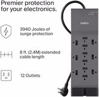 Belkin 12-Outlet Surge Protector Power Strip w/ 12 AC Outlets & 8ft Flat Plug, UL-listed Heavy-Duty Extension Cord for Home, Office, Travel, Computer, Laptop, Charger - 3,940 Joules of Protection thumbnail 2